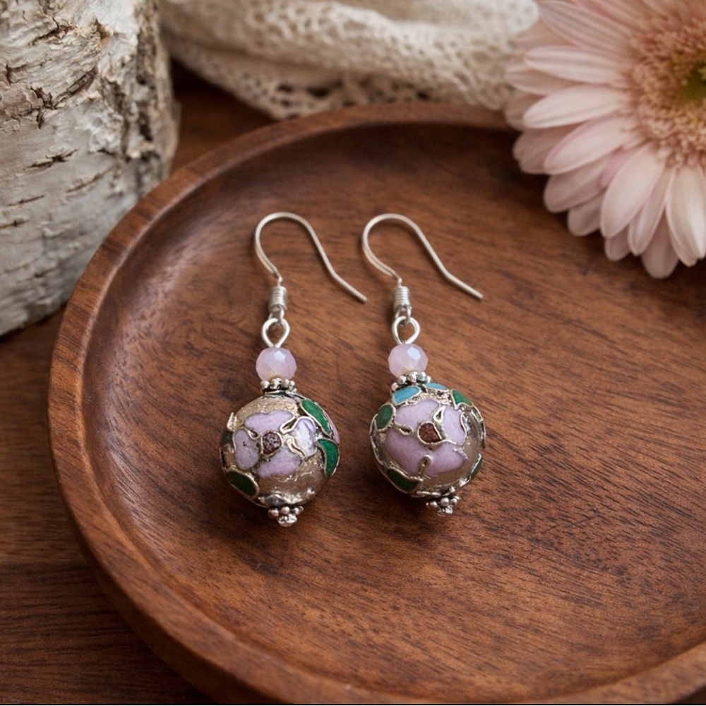 Vintage Cloisonné Floral Drop Earrings Pink Green Artisan Bead Dangle - Picture 2 of 4